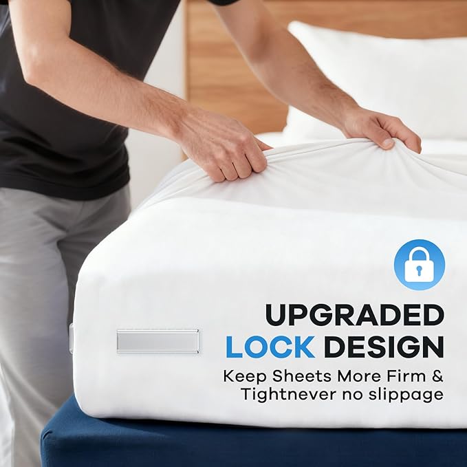 Upgrade Bed Sheet Holders for Corners Keep Sheets Firm & Tight, Foldable Lock Sheet Holders Set of 4, Heavy Duty Bed Sheet Clips, Sheet Locks, Fit All Mattress Easy Install, White