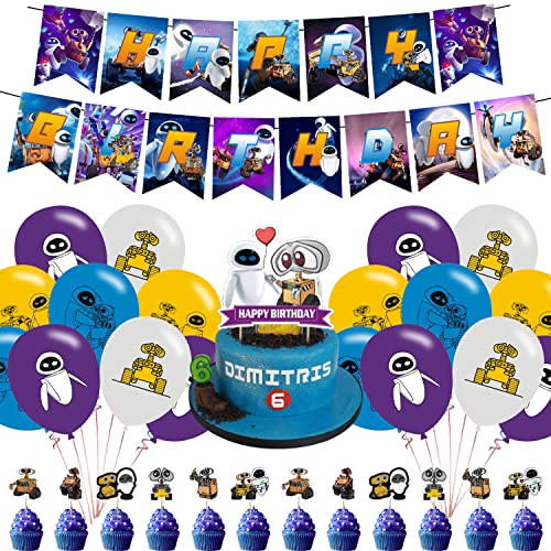Walle Science Fiction Party Supplies with Happy Birthday Banner, Cupcake Cake Toppers, Balloons for Fans Birthday Party Ba...