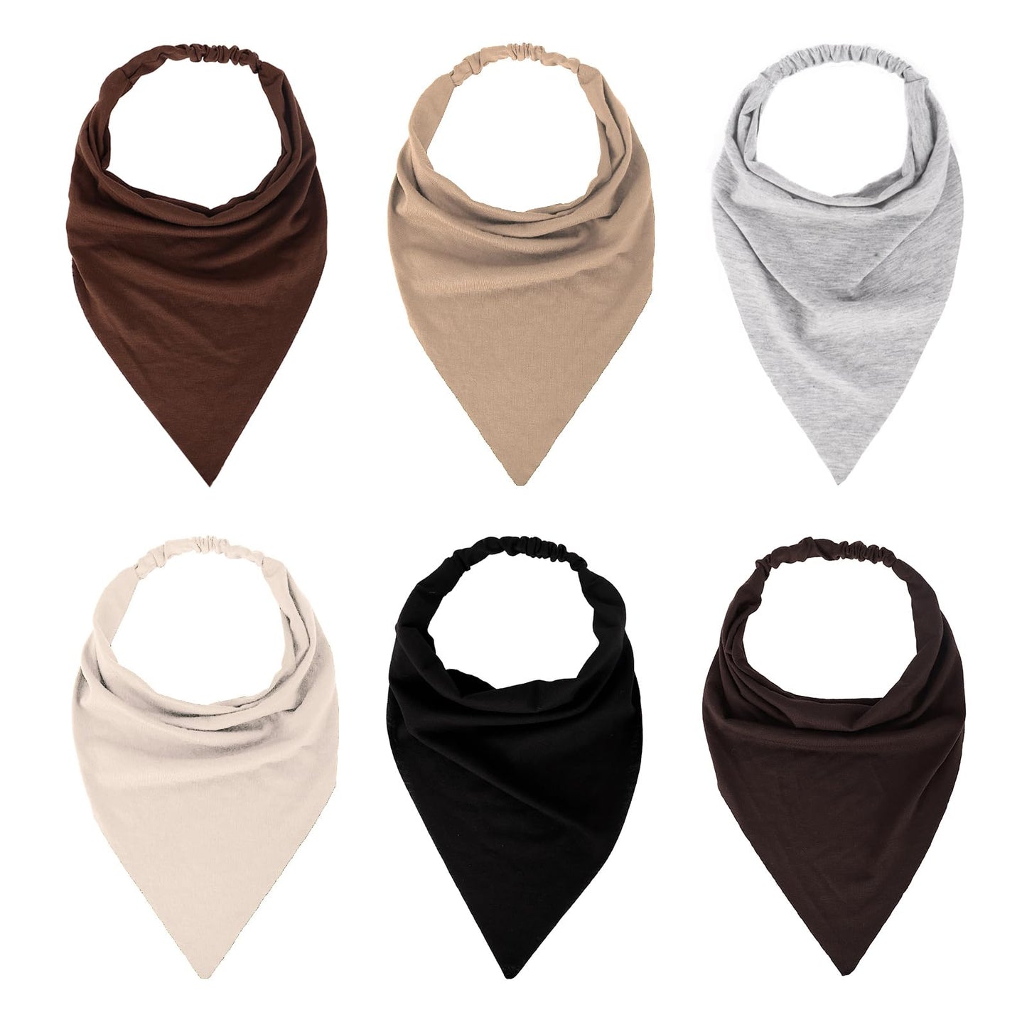MapofBeauty 13 Inch 6 Pieces Soft Elastic Triangle Non-slip Bandana Head Scarves Headband (Black/Grey/Deep Coffee/Brown/Light Br