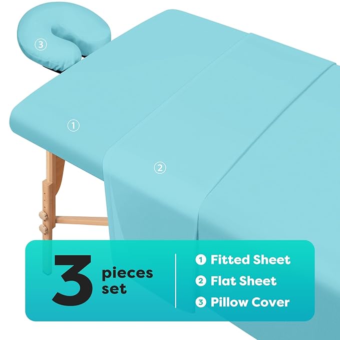 Comfyanno Massage Table Sheets Sets, 3 Pcs Professional Microfiber Massage Bed Cover Sheets, Soft, Light-Weight, Stain & Wrinkle Resistant, Includes Flat & Fitted Sheet, Face Cradle Cover - Sea Blue