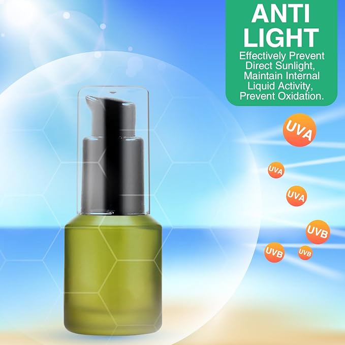 3PCS 15ML/0.5OZ Empty Green Frosted Glass Bottles with Pump Refillable Vial Cosmetic Dispenser Jars Storage Travel Lotion Container Portable Sample Bottle for Toiletries,Foundation,Cream,Gel,Lotion