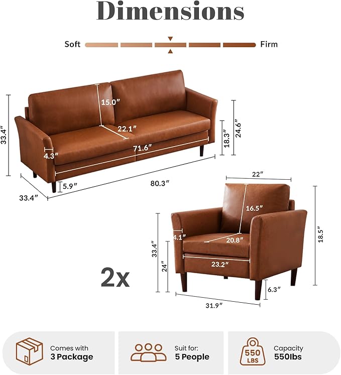 Kingfun Living Room Furniture Sets, 3 Seater Sofa, Armcahir and Armcahir, Mid Century Modern Sofa Set, Faux Leather Couch with Solid Wood Frame for Living Room & Bedroom, Chestnut