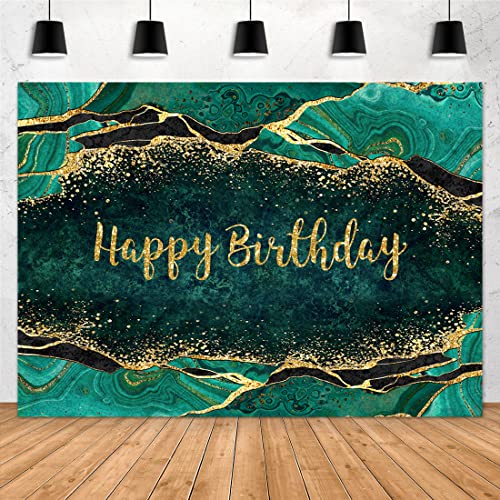 Aperturee 7x5ft Green Marble Happy Birthday Backdrop Glitter Gold Dots Girls Women Sweet 16 Luxury Abstract Photography Ba...