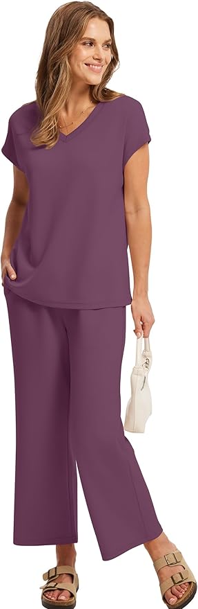 Saloogoe Two Piece Sets for Women Summer Outfits Lounge Sets V Neck Tops Wide Leg Pants Woman Vacation Travel Outfits
