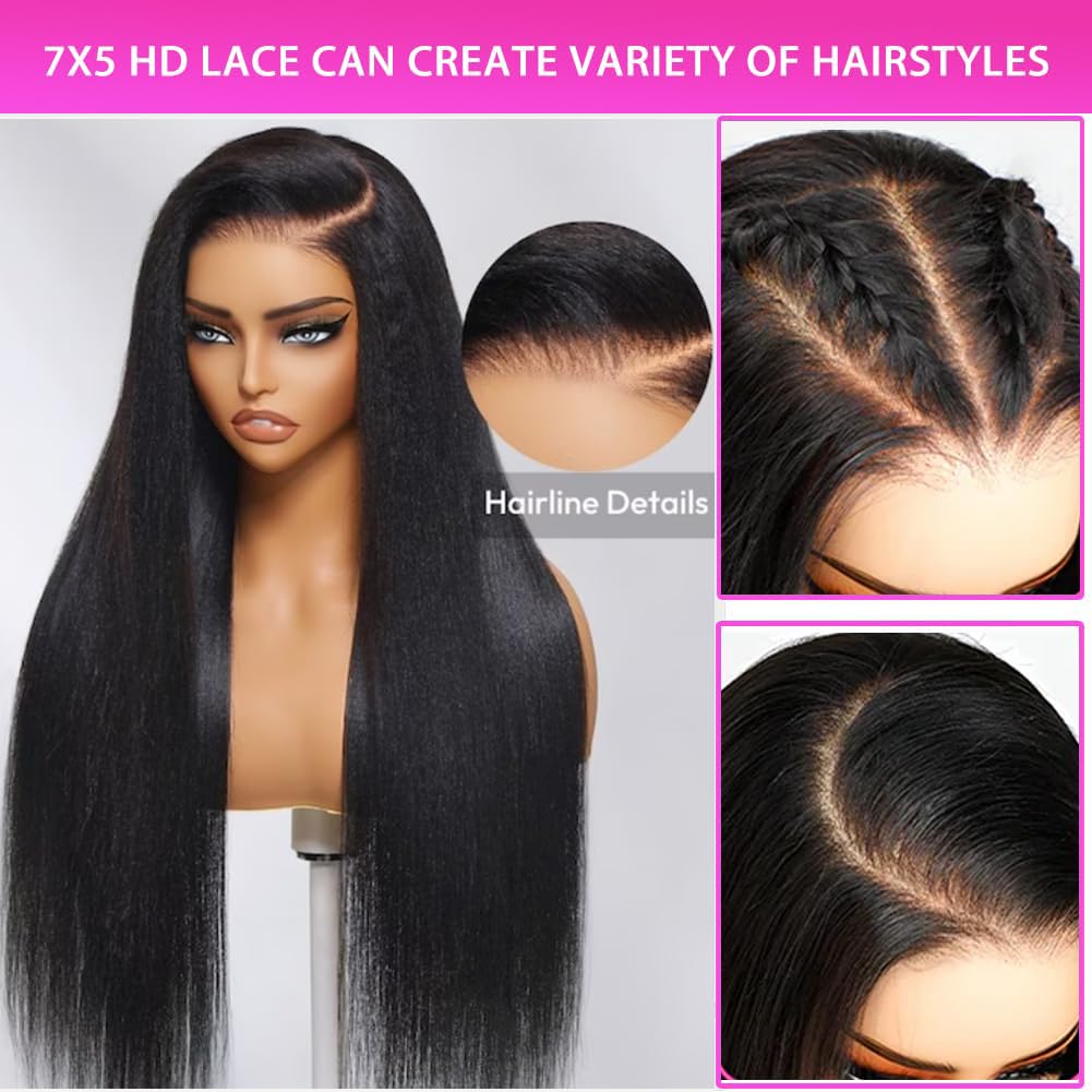 Straight Glueless Pre Plucked Pre Cut 7X5 HD Lace Pre Bleached Knots Wigs Human Hair,Wear and Go Lace Front Wig with Natural Hai