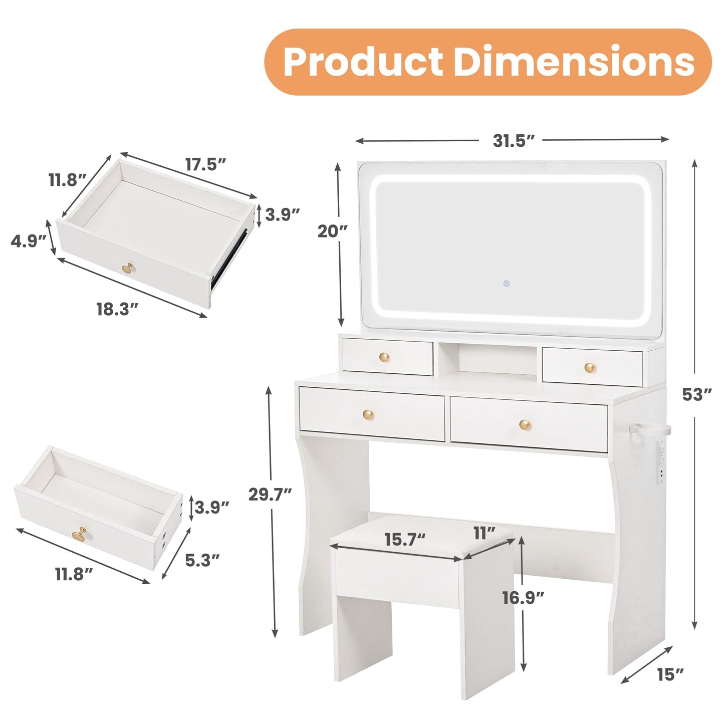 Pamapic Vanity Desk with Mirror and Lights,4 Drawers Golden Handles Makeup Vanity with Storage Stool,Power Outlet,3 Lighting Modes,Silent Slides