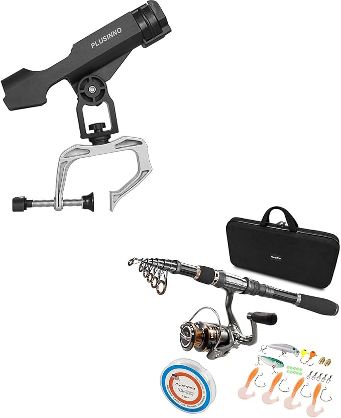 PLUSINNO Telescopic Fishing Rod and Reel Combos Full Kit, Fishing Boat Rods Holder