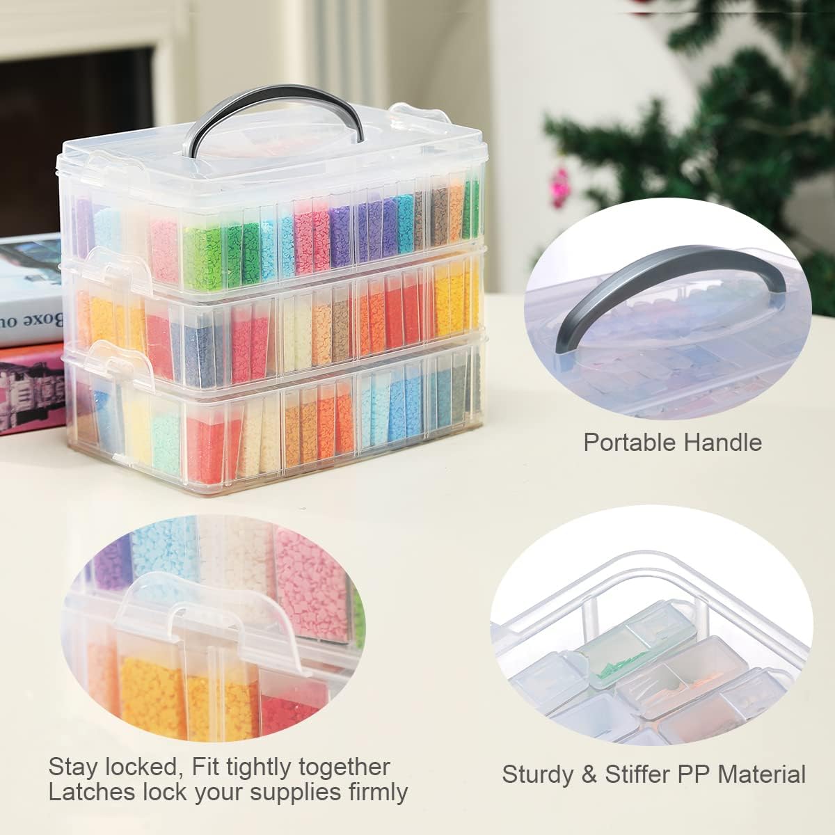 Douorgan 3-Tier Diamond Painting Storage Containers Portable Bead Organizer and Storage Box Stackable Arts & Crafts Organizers for Nail Charms Seed, 240 Rectangular, Funnel, Stickers