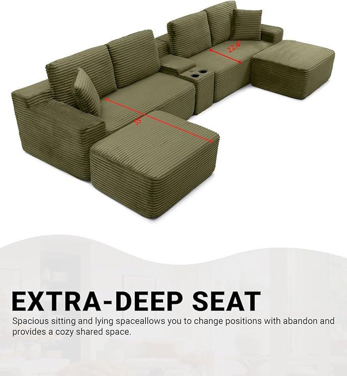 150" Oversized Modular Sectional Sofa,Deep Seat Cloud Corduroy Boneless Couch with Cup Holders,USB Ports, Wireless Charging & Storage Box,Upholstered Modular Sleeper Sofa for Living Room (Green)