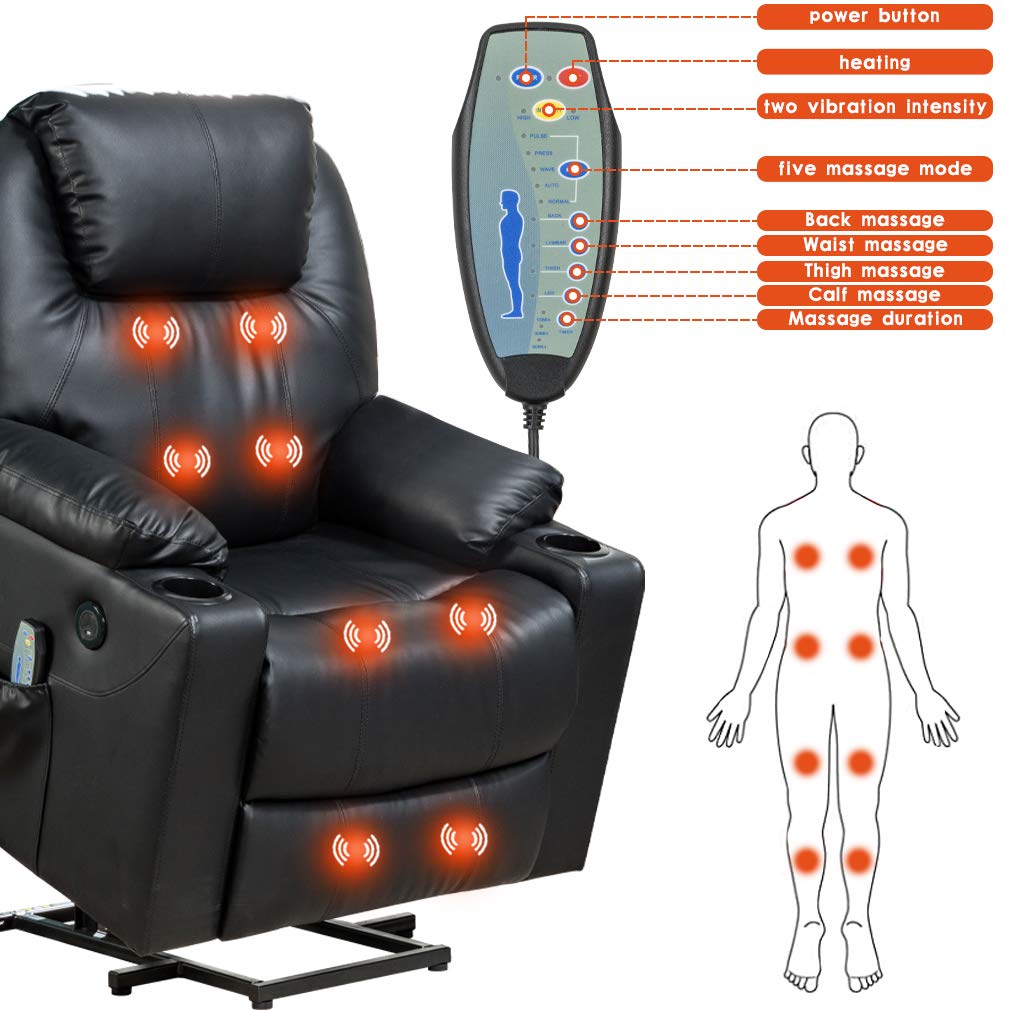 BestMassage Electric Power Lift Chair Recliner Sofa for Elderly Massage Chair, Adjustable Furniture with Vibration Massage and Lumbar Heated,Remote Control,USB Ports for Living Room (Black, Leather)