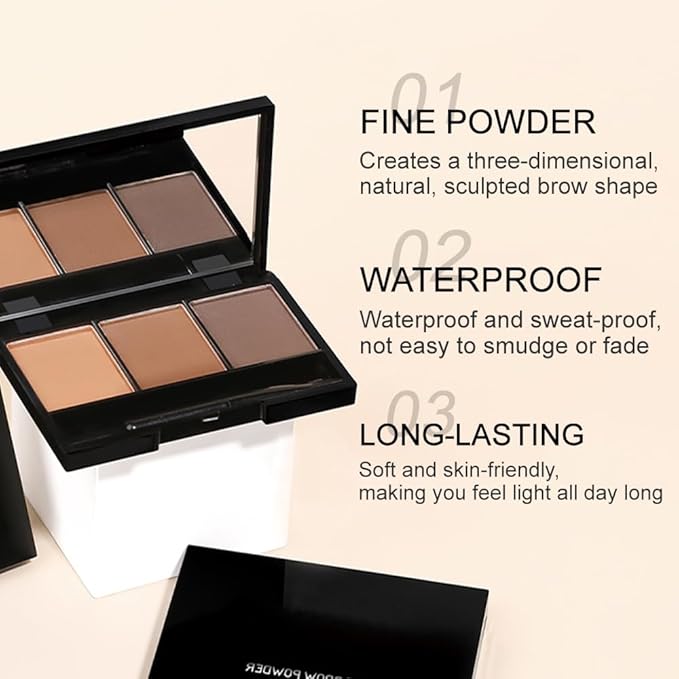Brow Powder Kit with Mirror – Long-Lasting 3-Color Brow Filler for Full, Defined Natural Brows, Contour Palette with Double-Ended Brush, sombra para cejas (02)