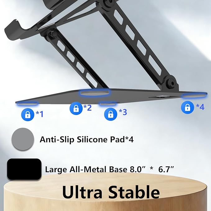 TAPMEI Adjustable Laptop Stand, Ultra Stable Metal Base Ergonomic Foldable Computer Riser for Desk Compatible with MacBook Pro/Air Notebook All Laptop Under 18 Inches (Black)