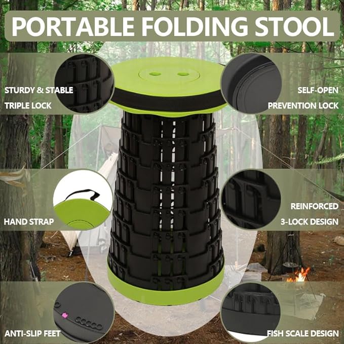 JAEMEYEM 2025 Collapsible Stool Chair, Upgraded Folding Stool for Adults Lightweight, Sturdy, Adjustable, Portable, Foldable Seat Sturdy Stools for Outdoor Camping Fishing Hiking Gardening BBQ