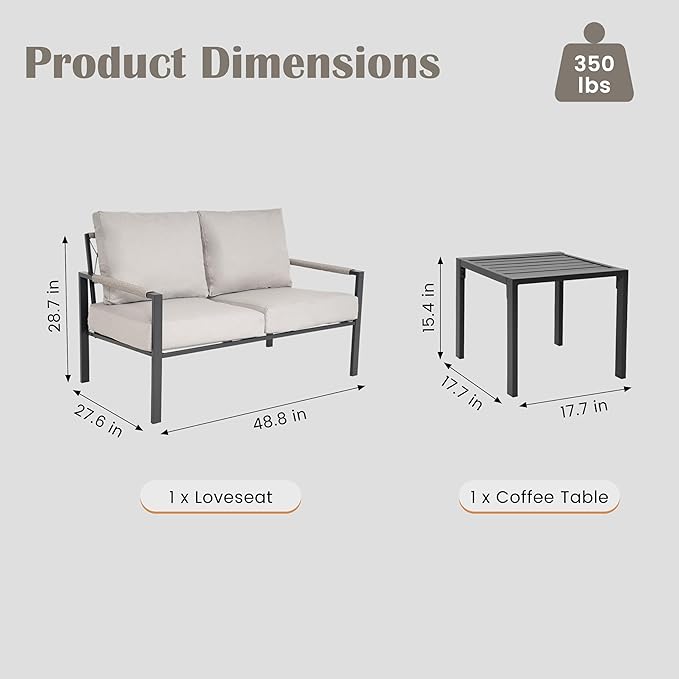 PATIOCHIC 2 Pieces Rattan Outdoor Furniture Set, All-Weather Patio Loveseat with Warm Grey Cushions and Coffee Table for Garden, Backyard, Balcony, Poolside