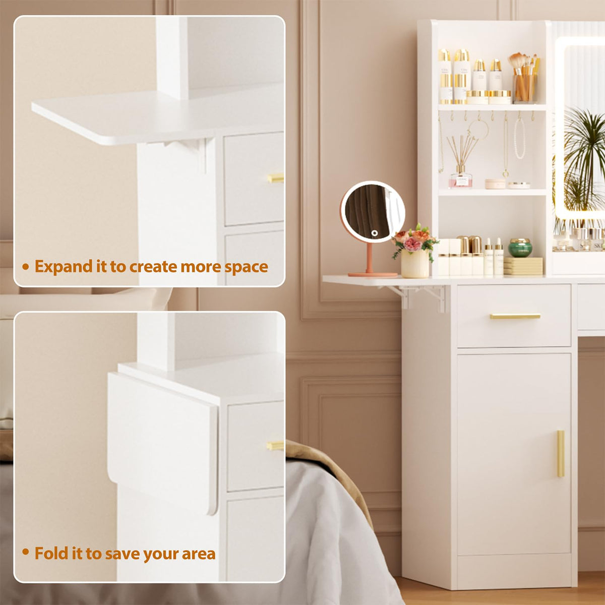 ERLEJIA Vanity Desk with Mirror and Lights & Extral Foldable Desk, 35.43" & 43.3" Makeup Vanity Table with Stool and Plug Outlet, 5 Drawers and Open Shelves Dressing Table for Bedroom, White and Gold