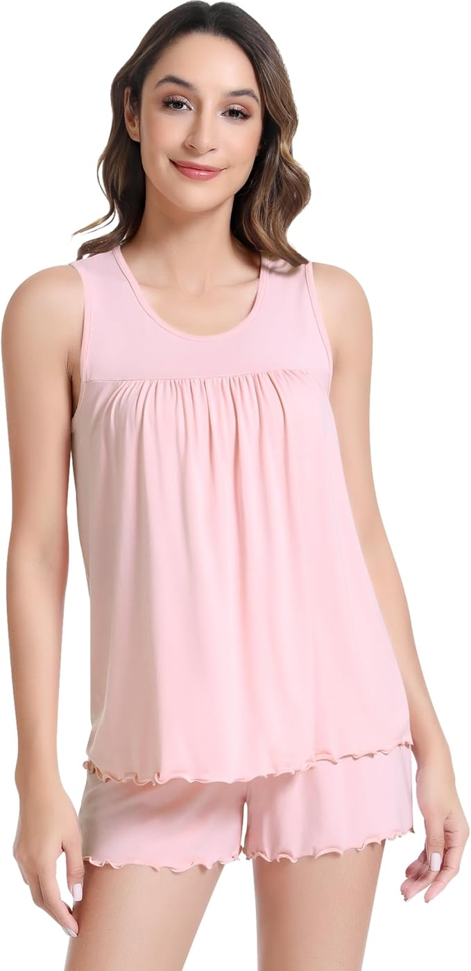 NACHILA Pajamas for Women-Viscose from Bamboo, Ribbed Racerback Tank Top Sexy Split Shorts Pajama Sets Cooling Sleep Cami Pjs