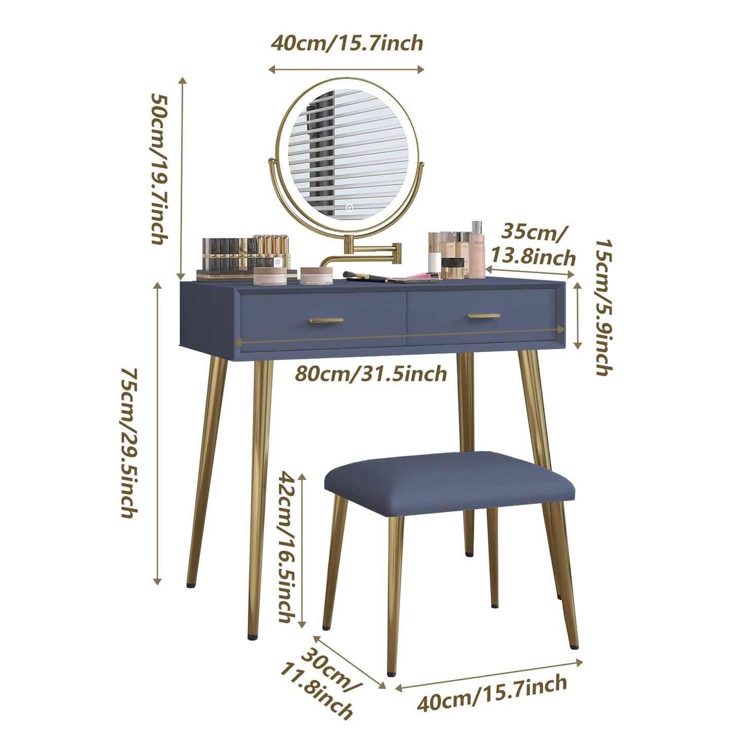 HIMAmonkey Vanity Desk Set with 360° Rotating Mirror and Lights, Small Makeup Vanity with Microfiber Leather, Vanity Table with 2 Drawers, Stool, 3 Lighting Modes - 31.5in Blue