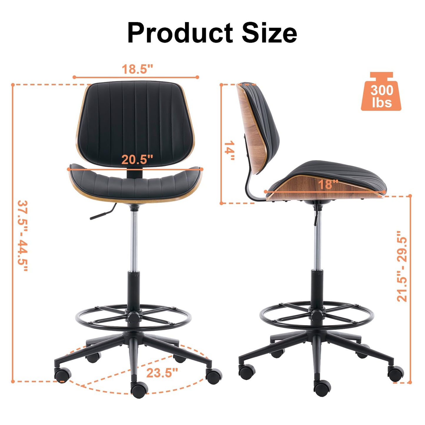 Rongbuk Drafting Chair, Ergonomic Office Chair with Walnut Wood Back Support, Armless PU Leather Desk Chair with Height-Adjustable, Thick Cushion for Home, Bar, Drafting, Office (Black)