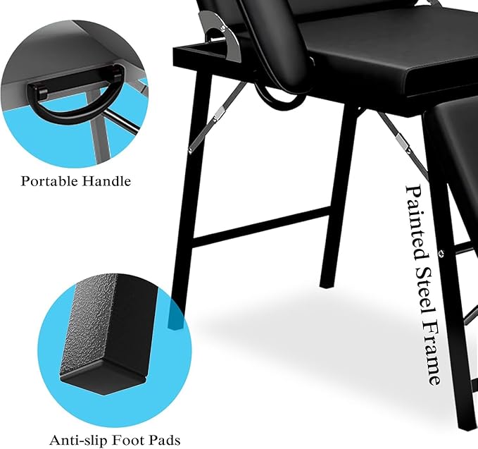 Portable Tattoo Chair, Adjustable Massage Facial Bed with Removable Headrest & Armrest, Foldable Spa Chair with Carry Bag, 73 Inch Esthetician Bed for Salon Beauty Barber Spa Tattoo (Black)