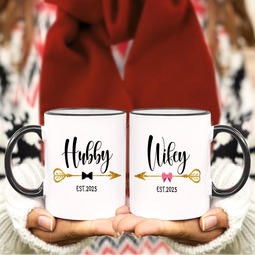 Fatbaby Hubby and Wifey Est 2025 Coffee Mug,Mr and Mrs Couple Mug, Newlywed Gifts for Couples,Unique Bridal Shower Wedding Gifts for Bride and Groom 11oz