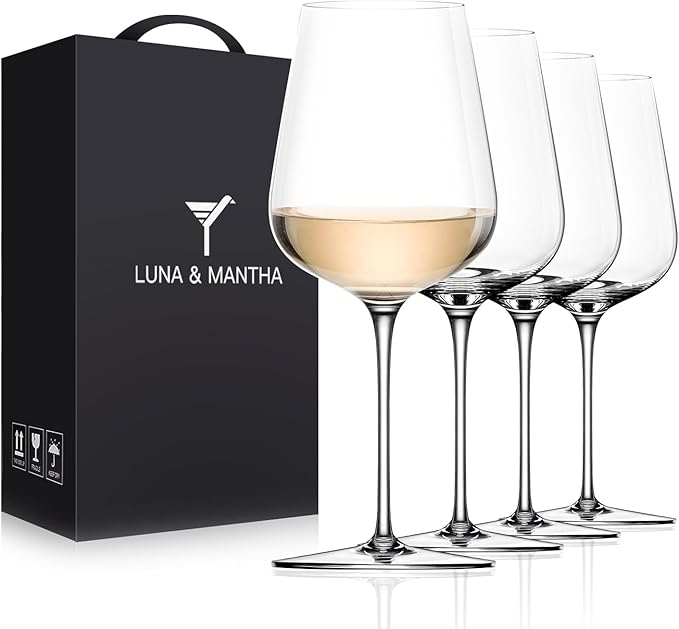 LUNA & MANTHA White Wine Glasses Set of 4, Crystal Wine Glasses with Stem, Hand Blown 14oz, Perfect for Red，White Gift Pac...