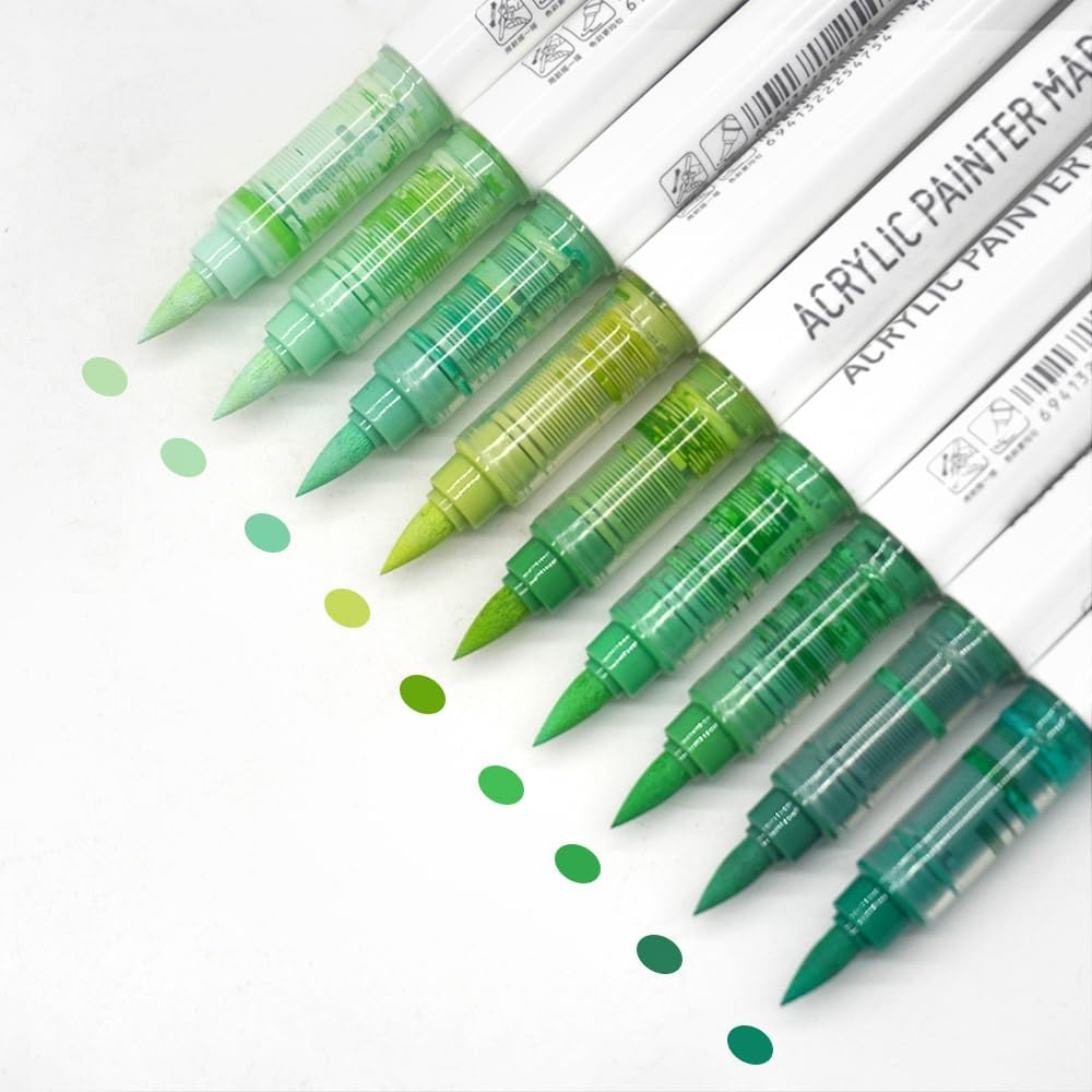 Water Based Acrylic Paint Markers Green, 9 Colors Acrylic Paint Pens Set with Soft Brush Tip, Marker Pen for Rock Painting, Egg, Wood, Glass, Paper, Mugs, Acrylic Painter Ink (Green Series)