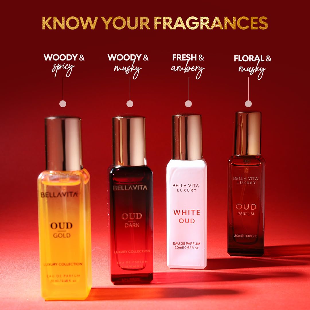 BellaVita Luxury OUD Experience Gift Set (4x20ml) – Premium Arabic Unisex Perfumes | Includes Gold, Dark & White OUD | Notes of Caramel, Orris, Vetiver & Citrus