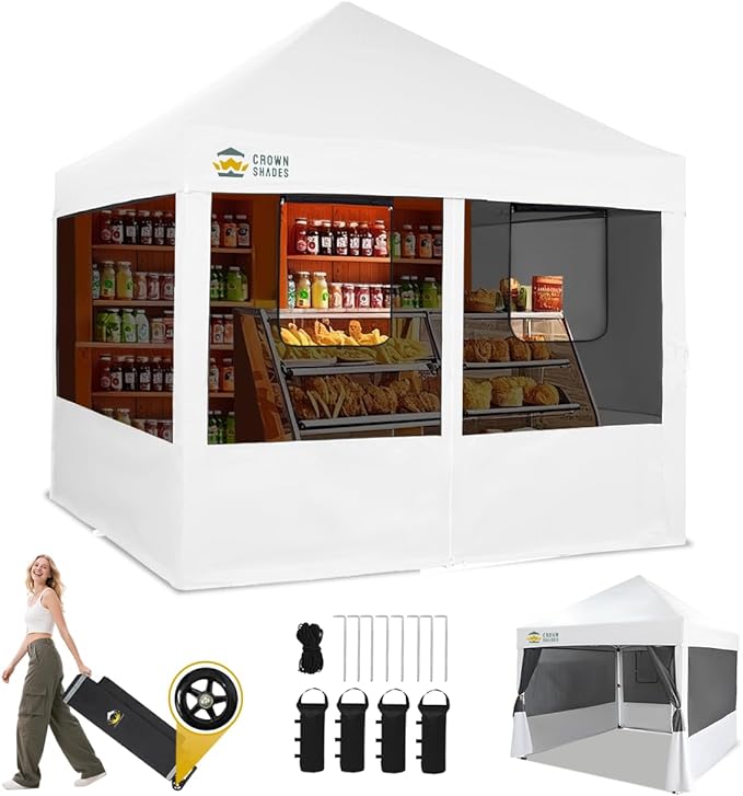 CROWN SHADES 10x10 Pop Up Canopy Tent with 4 Mosquito Netting, Instant Commercial Tent with 1-Person Setup Patended Center...