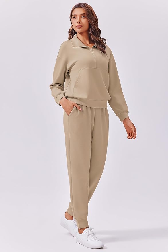 PINSPARK 2 Piece Sets for Women 2025 Fall Travel Outfits Long Sleeve Tracksuit Joggers Sets Half Zip Sweatsuit Matching Set
