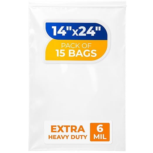 14" x 24" Large Zip Seal Lock Bags, 6 Mil (Pack of 15) – Heavy-Duty Reclosable Plastic Bags – Clear, Resealable, Waterproof – For Storing and Organizing Clothes, Jewelry, and Travel Items