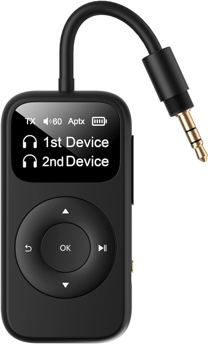 SoundSync Pro Bluetooth Transmitter & Receiver for Airplane, Easy Setup Bluetooth Audio Transceiver for 2 BT Devices, Volume Control, RCA for TV