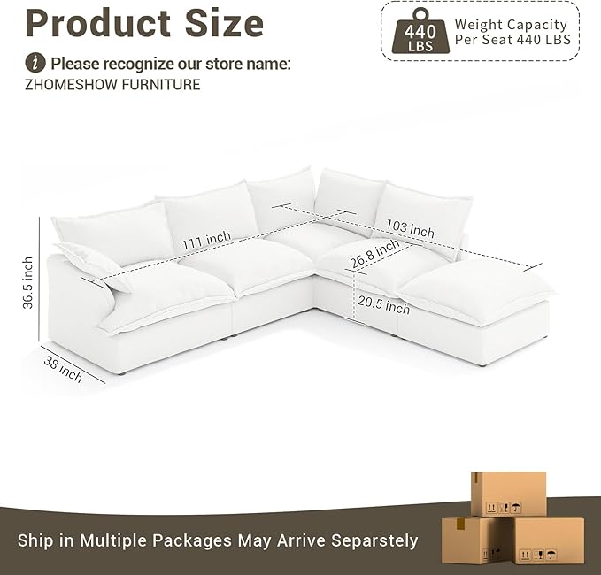 Lopzeho Oversized Cloud Modular Sectional Sofa, Comfy Down Filled Cloud Couch with Removable Cover, L Shaped 4 Seat Couch with Ottoman, Deep Seat Sectional Couches for Living Room, Cream White