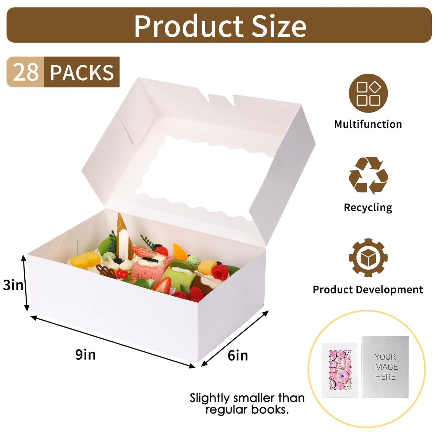 Moretoes 28pcs Cookie Boxes with Window, 9x6x3 Inch White Bakery Boxes Dessert Container for Pastries, Chocolate Covered Strawberries, Easter Candy, Muffins, Donuts
