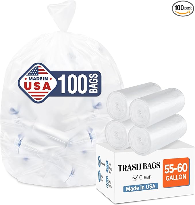 Delxo 55-60 Gallon Trash Bags, 100 Count – 0.9 Mil Medium Duty Garbage Bags, Durable & Puncture-Resistant Plastic Bolsas para basura, Perforated Design– Made in USA for Kitchen, Yard, Office (Clear)