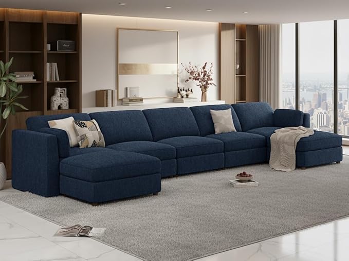CUGOAO 188.7'' Modular Sectional Sofa, Oversized U-Shaped Sectional Couch with Ottoman, Deep Seat Chenille Cloud Couch, Mordern Upholstered Couches for Living Room, Apartment, Office, Blue