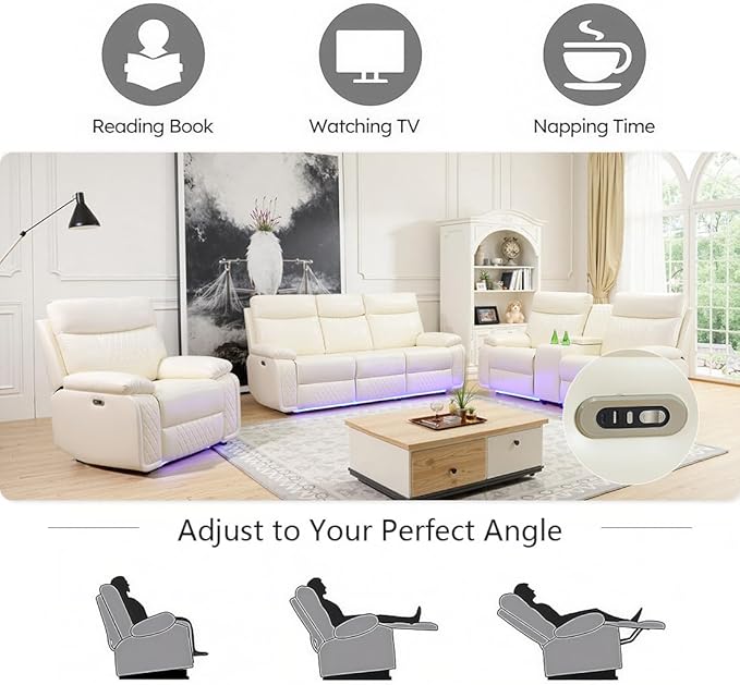 Toseslo Power Leather Sofa and 2 Chairs Set, Recliner Sofa Set with LED Light, Living Room Furniture Sets, Modern Power Reclining Sets with Cup Holder/Storage Console for House, Vanilla White