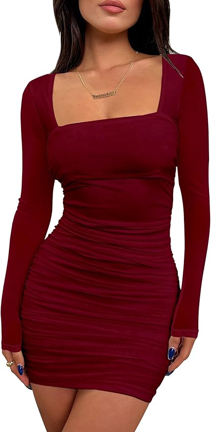 BORIFLORS Women's Sexy Ruched Bodycon Mini Dress Mesh Long Sleeve Club Party Short Dresses