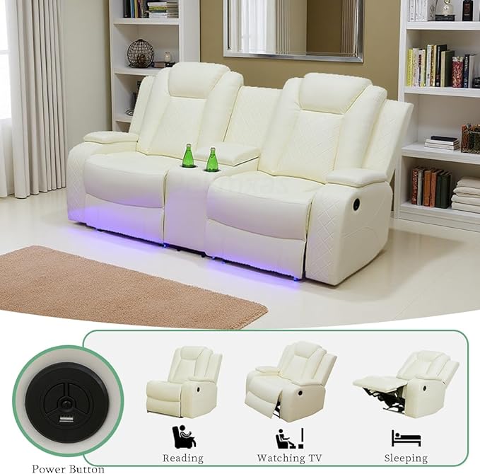 Dekmxas Power Reclining Sofa Set, Recliner Sofa Set, Creamy White Power Leather Reclining Loveseat Recliner for Living Room Furniture Set with Storage Console & Cup Holder for RV/Living Room