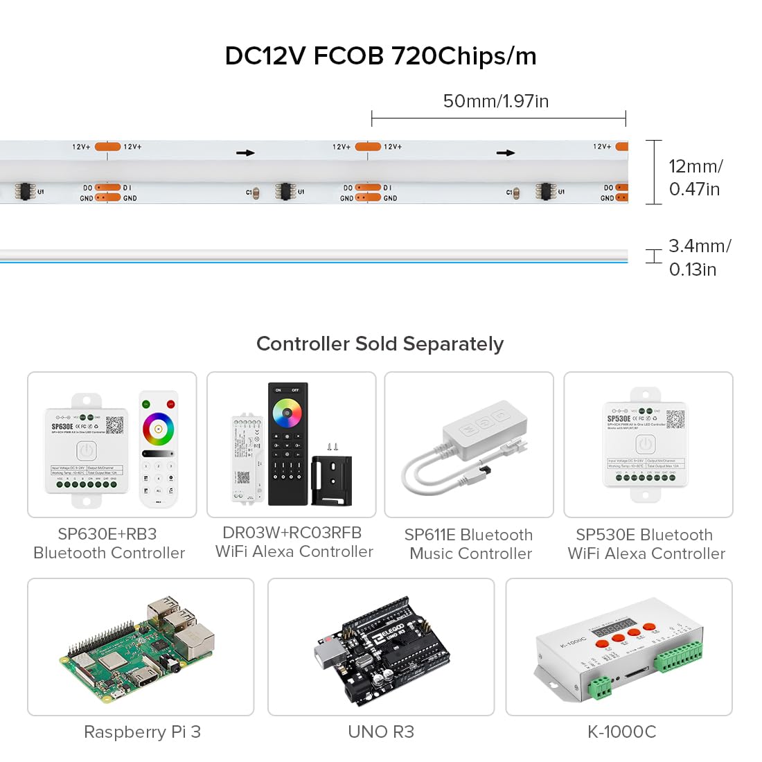 BTF-LIGHTING FCOB WS2811 IC RGB COB LED Strip DC12V 720LED/m Flexible High Density Uniform Chasing Color Light 2X16.4FT Total 32.8FT 20IC/m 12mm Width(No Adapter or Controller)