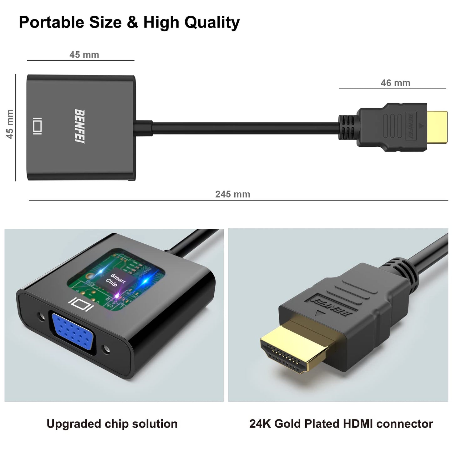 BENFEI HDMI to VGA, Gold-Plated Adapter (Male to Female) for Computer, Desktop, Laptop, PC, Monitor, Projector, HDTV, Chromebook, Raspberry Pi, Roku, Xbox and More - Black