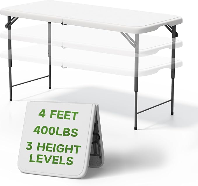 Ortus Collective Folding Table 4 Foot - 3-Position Adjustable Height, Heavy Duty 400 lbs Capacity - Portable Tables Foldin...