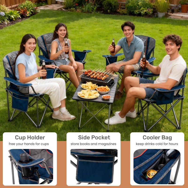 FAIR WIND Oversized Fully Padded Camping Chair for Heavy People with Lumbar Support, Heavy Duty Quad Fold Arm Chair with C...