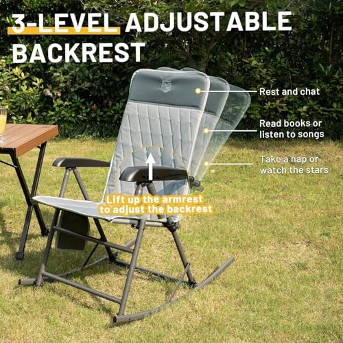 Timber Ridge 3-Level Adjustable Rocking Camping Chair, Padded High Back Outdoor Rocking Chair with Side Pocket, Portable F...