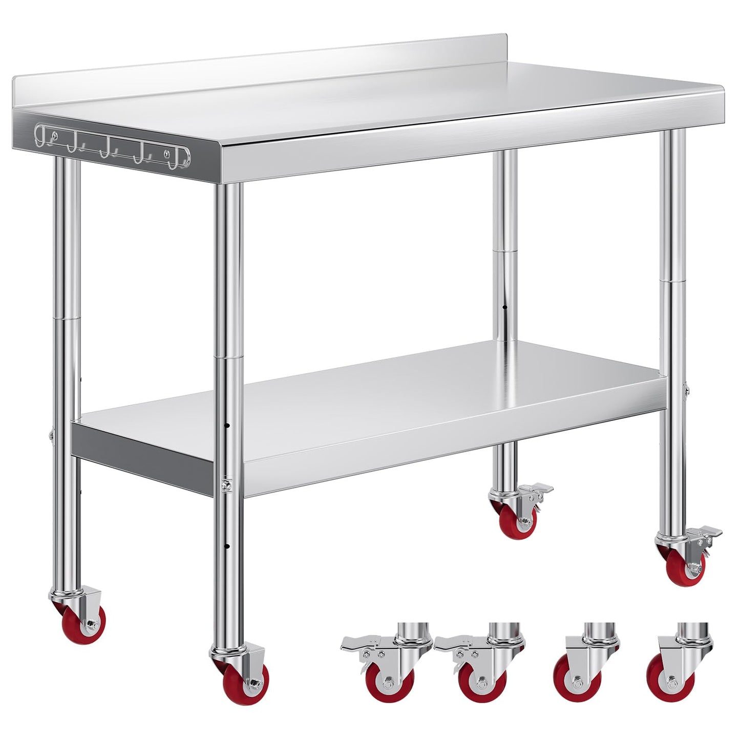 Jocisland 24" x 48" Stainless Steel Table for Prep & Work with Backsplash and Wheels, Adjustable Under Shelf & Safe Design for Restaurant, Home and Outdoor