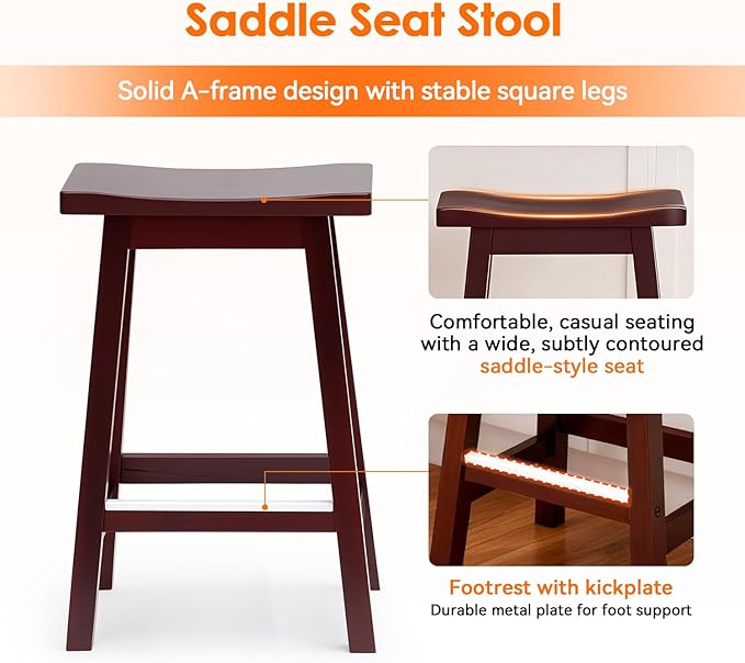 PayLessHere Bar Stools Set of 2, Wooden Saddle Stools 24 Inch Heigh, Bar Chairs Seat with Footrests and Industrial, Kitchen Counter Stools for Restaurant, Bistro Bar and Home Dining
