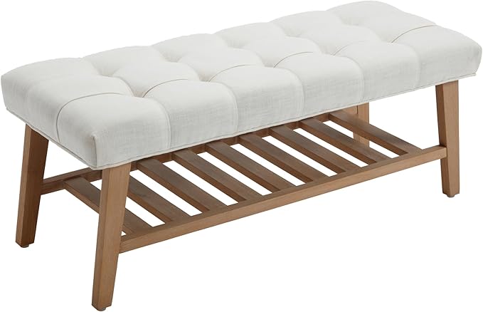 Janoray Entryway Shoe Bench Storage Benches with Upholstered Button Tufted Seat and Open Slatted Shelf Linen Shoe Rack for Hallway Living Room Bedroom End of Bed, Beige