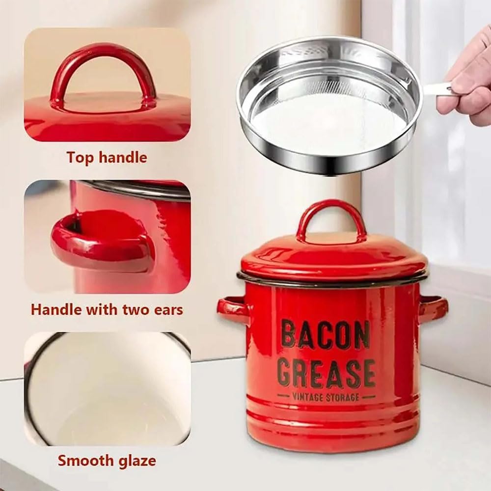 2026 New Bacon Grease Container with Strainer and Food-Grade Silicone Spatula, 46 Oz Grease Trap Jar, Greases Saver for Kitchen, Enamel Oil Can for Cooking/Frying/Baking (Blue)