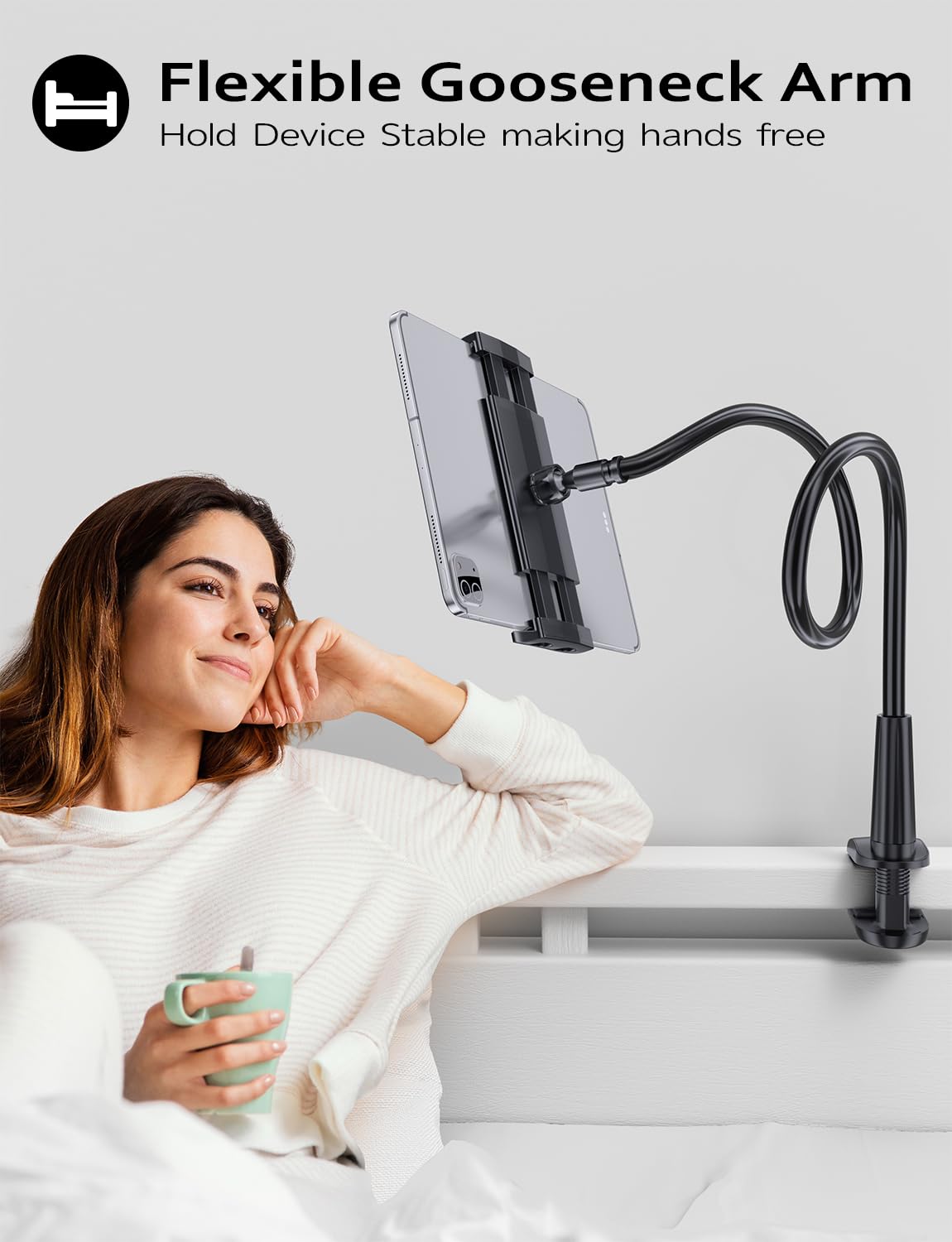 Tryone Gooseneck Tablet Holder Stand For Bed Adjustable Flexible Arm Tablets Mount Clamp On Table Compatible With Ipad Air Mini