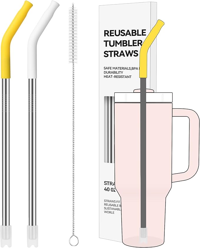 40oz Metal Straws for Stanley 40oz Cup & 64oz Jugs, 2 PCS Extra-Long Stainless Steel Straws with Removable Silicone Tips, Fits Large Tumblers & Oversized Mugs