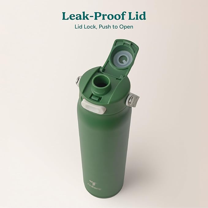 REDUCE Aura Vacuum Insulated 26 oz Water Bottle - Leak-Proof & Chug Spout for Quick Hydration - Keeps Drinks Cold for 30 Hours - Removable Handle for Travel or Gym - Soft Sit Base - Fairway Green